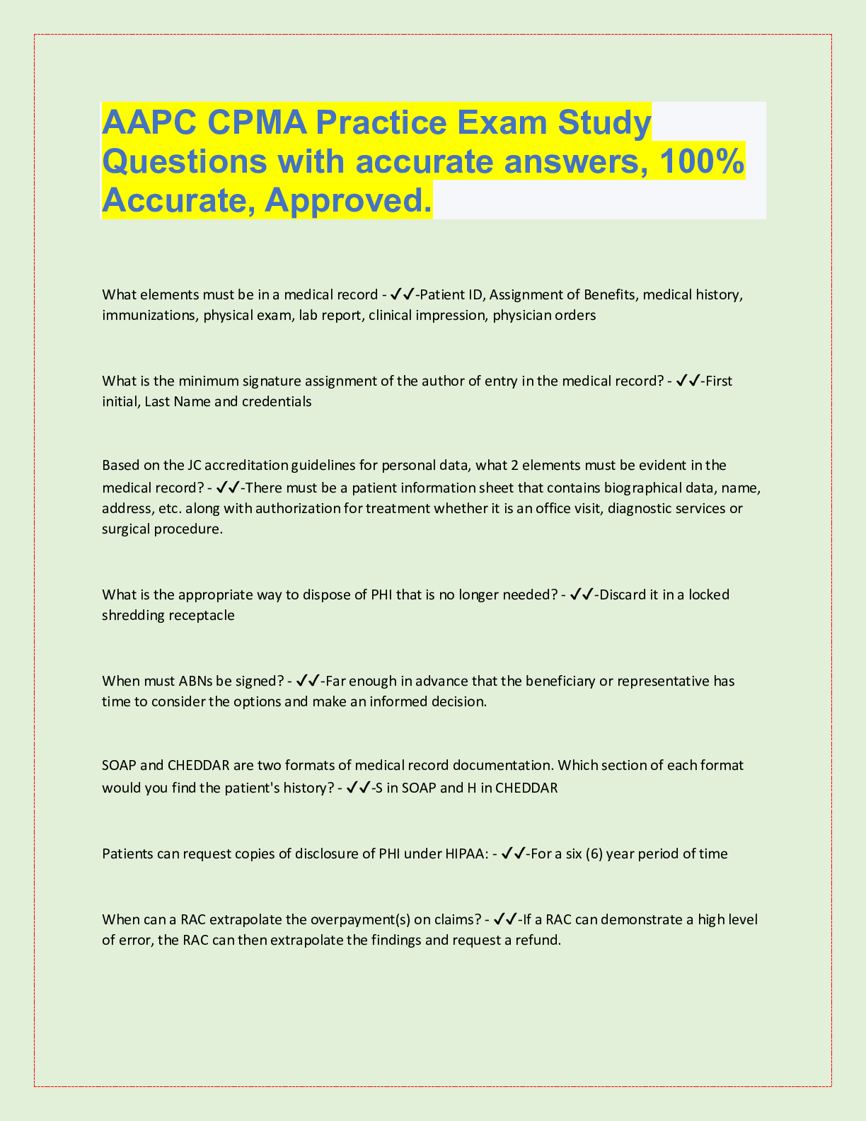 Preview image for AAPC CPMA Practice Exam Study Questions with accurate answers, 100%  Accurate, Approved.